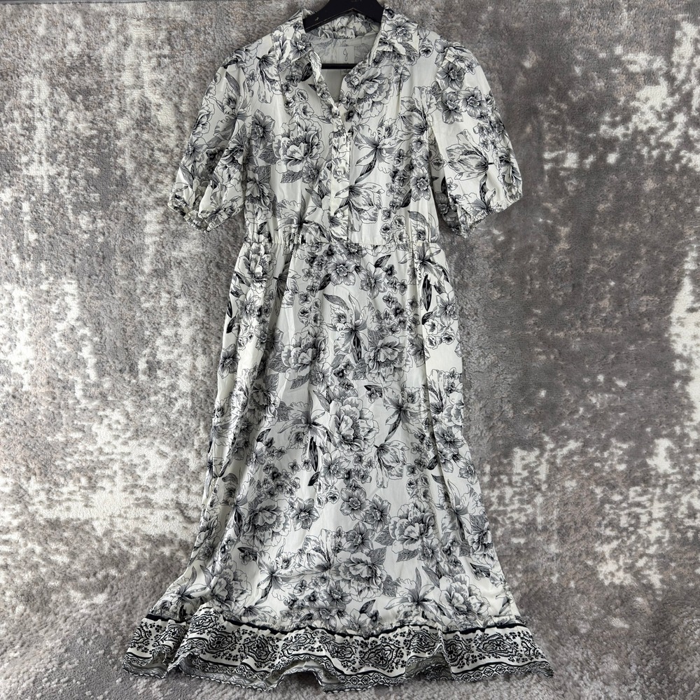 New Joie Size 2 Floral Midi Shirt Dress White Black Short Sleeve‎ Women